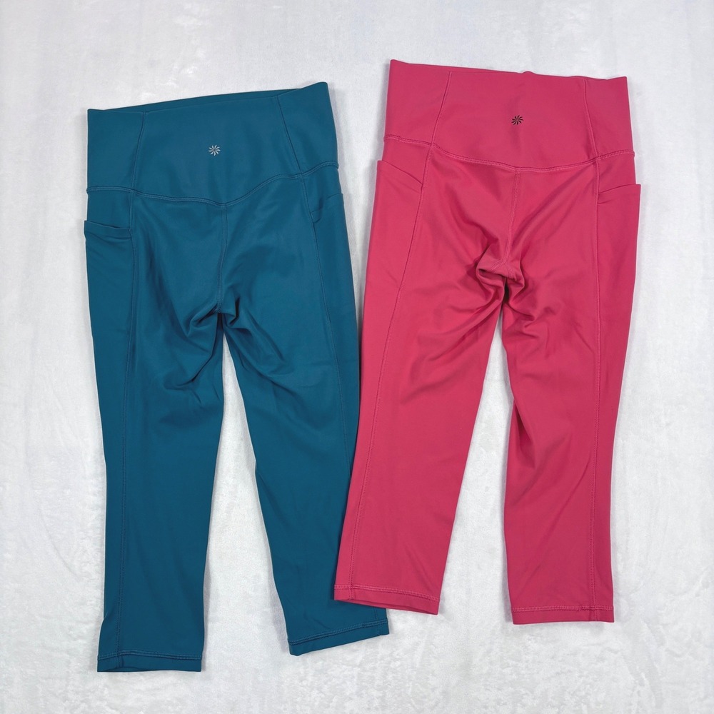 Athleta Salutation Stash Pocket II Capri Leggings Bundle Pink Teal Sz SP Set 2